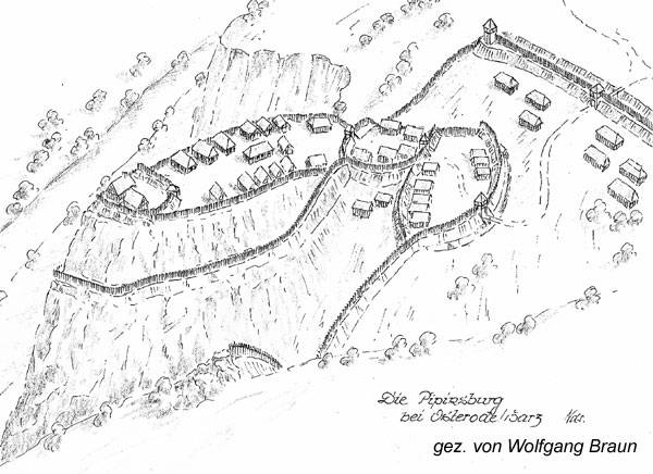 Rekonstruktion der Pipinsburg bei Osterode. Gezeichnet von Wolfgang Braun.